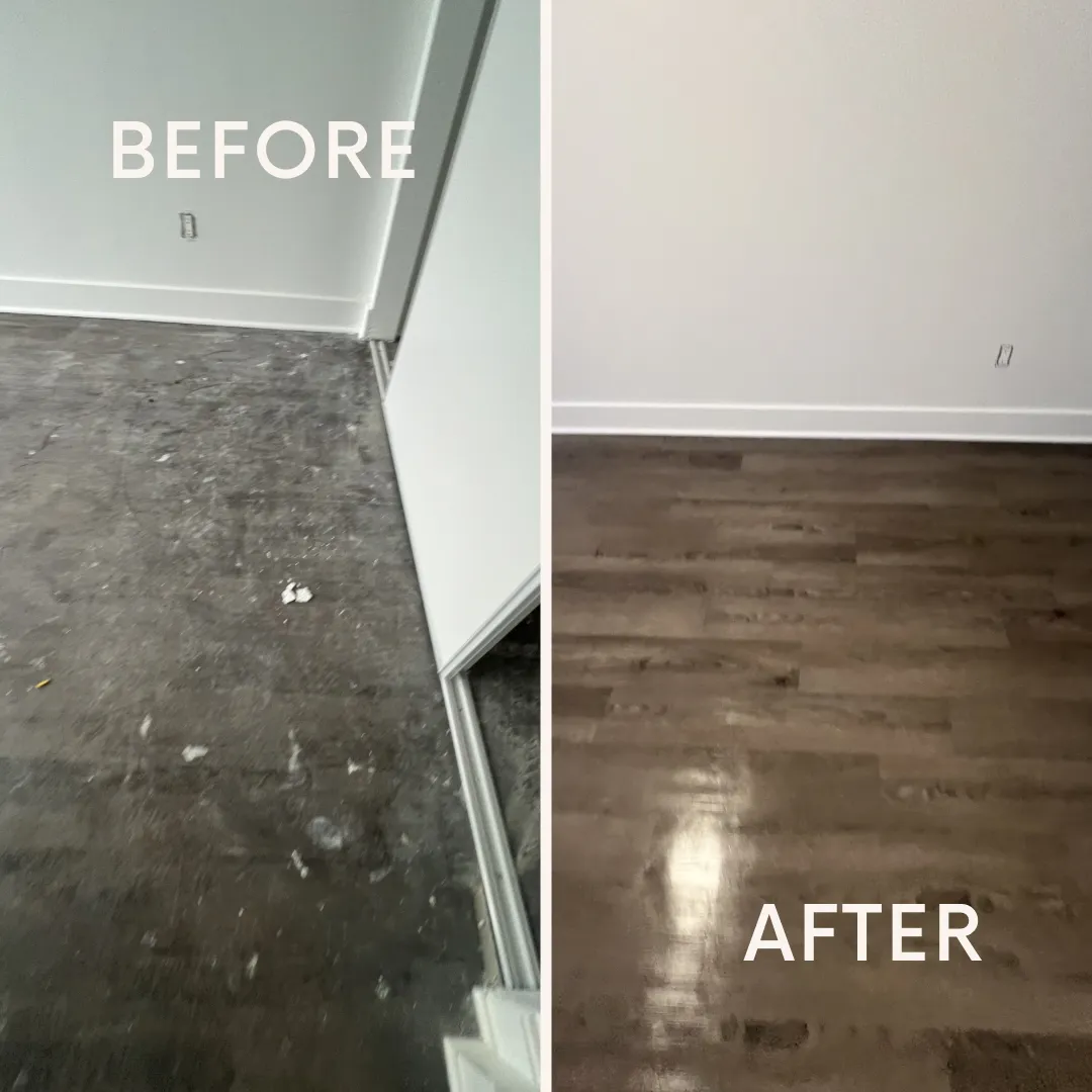 Before and after floor cleaning showing dirty concrete floor transformed into polished wooden flooring
