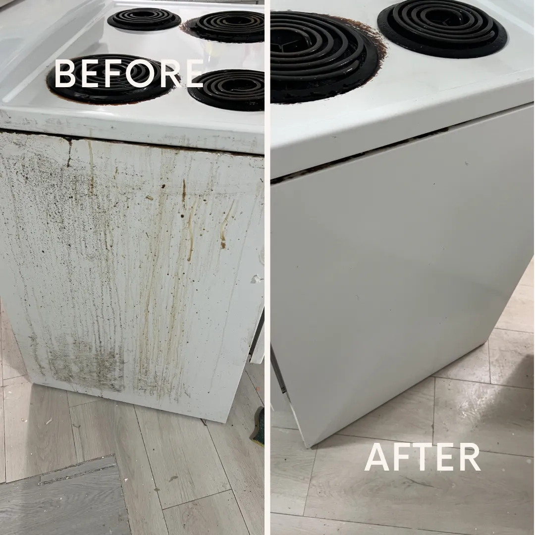Before and after comparison of a heavily grease-stained kitchen stove cleaned to a spotless white finish by professional deep cleaning service